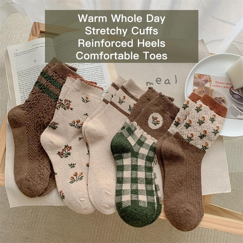 MarJunSep Wool Fall Boot Socks Women Teen Girls Thick Knit Vintage Cute Floral Cottage Core Boho Winter Warm Crew Socks - Image 5